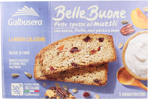 Хлебцы с овсяными хлопьями, фруктами, пеканом и семенами Galbusera 200 г, Bellebuone colazione muesli 200 g